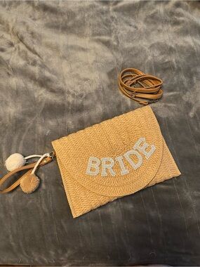 “BRIDE” Embellished Straw Crossbody Bag in Tan
